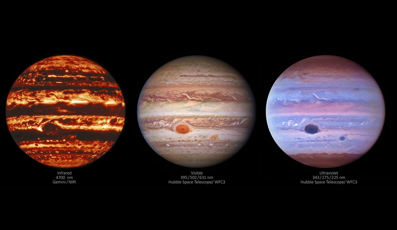The full color images of Jupiter were taken at different wavelengths.