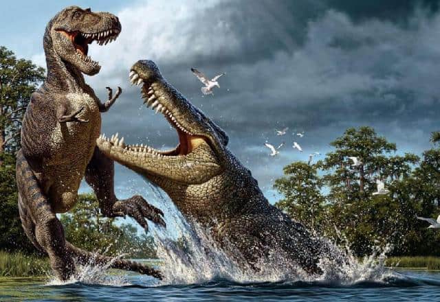The dinosaur-eating crocodile was fearsome.